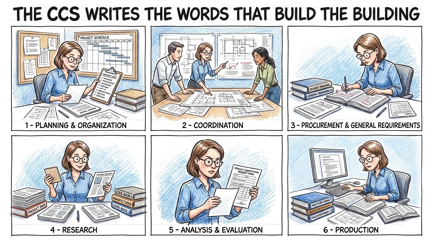 CCS exam domains illustrated across six panels from planning and organization to production