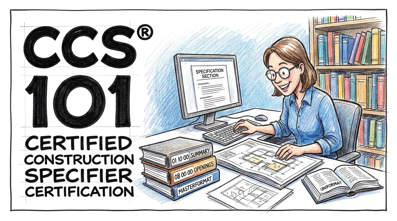 CCS 101 course card showing a specifier writing specifications with MasterFormat references.