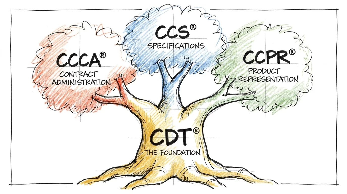 CSI certification path showing CDT as the foundation for CCCA, CCS, and CCPR.