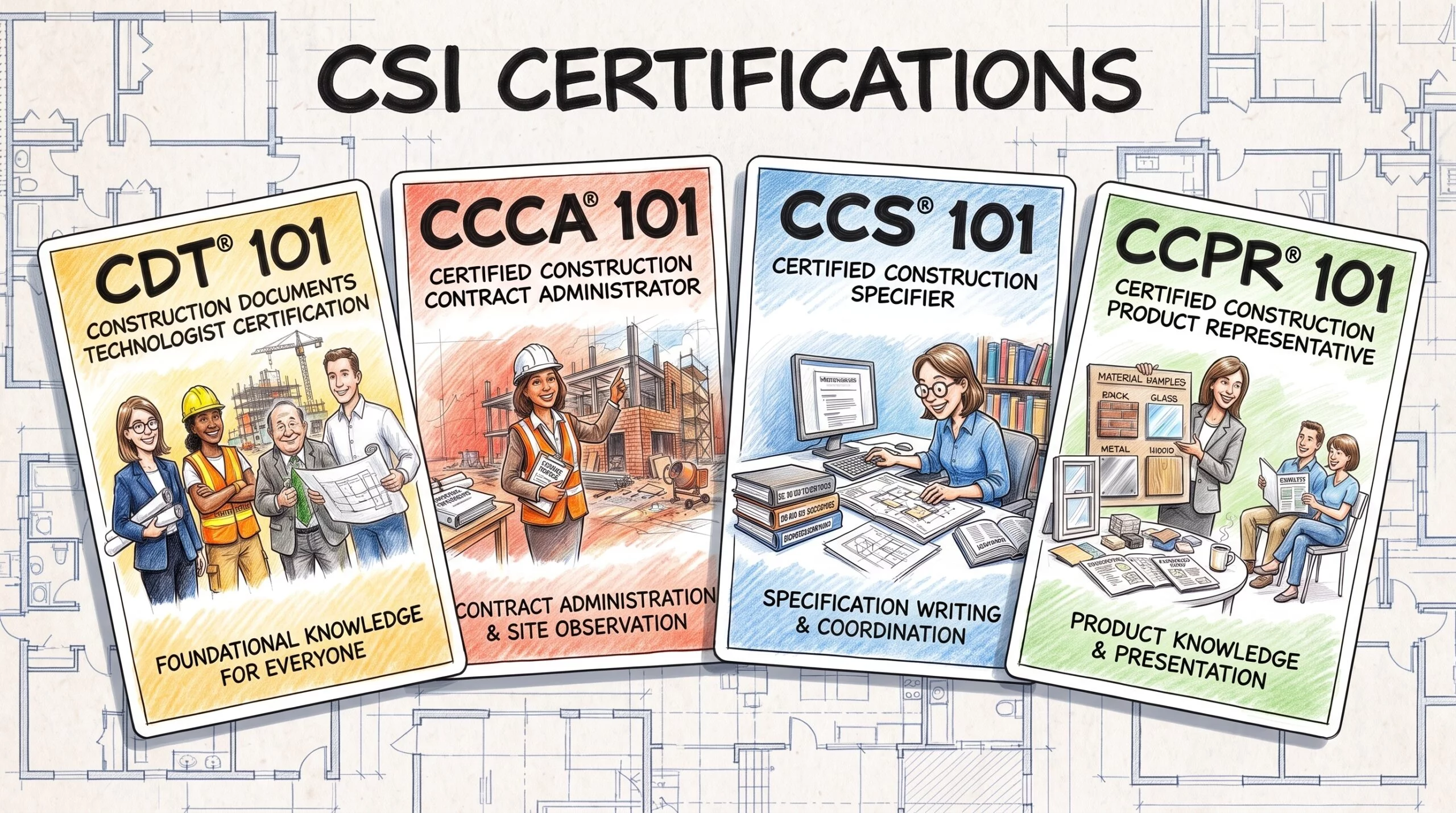 The four CSI certifications: CDT, CCCA, CCS, and CCPR course cards.