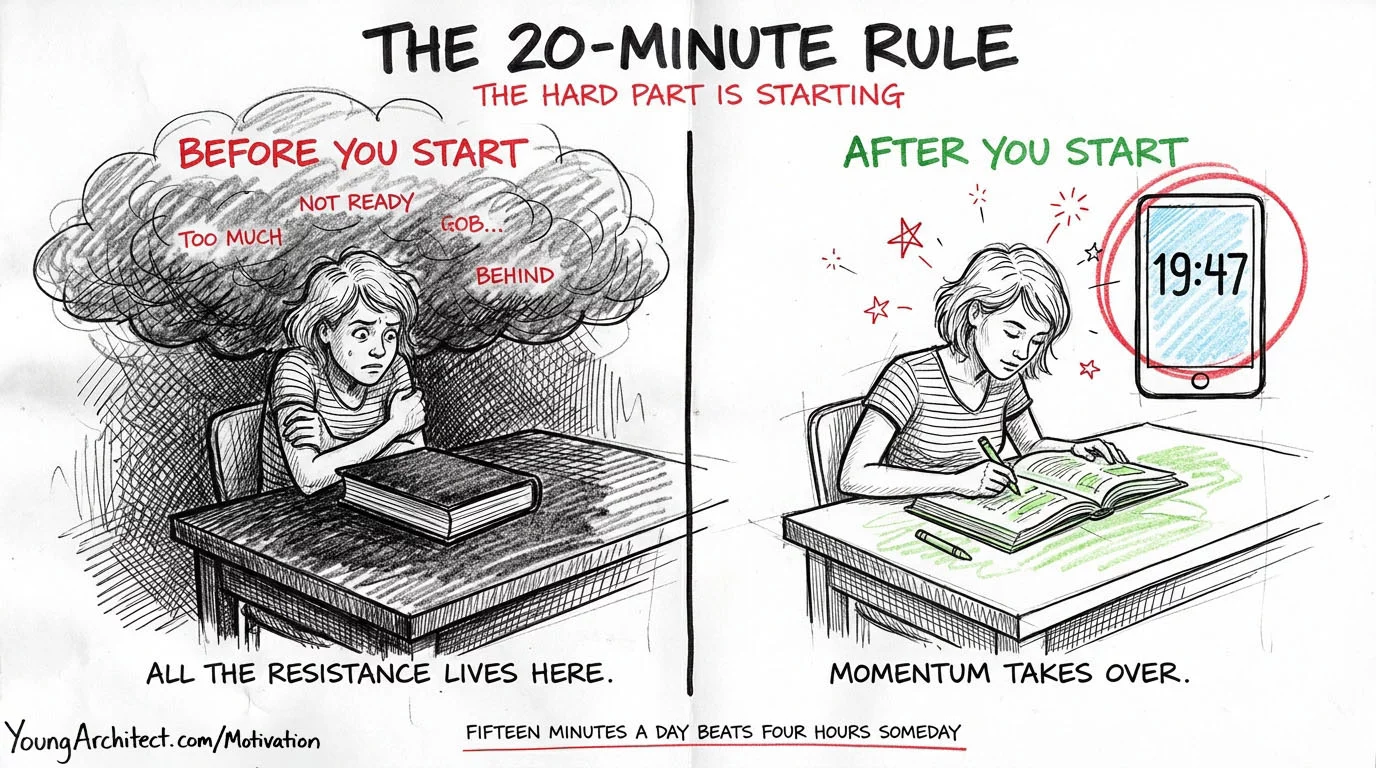 Before and after showing anxiety before studying versus momentum taking over after starting