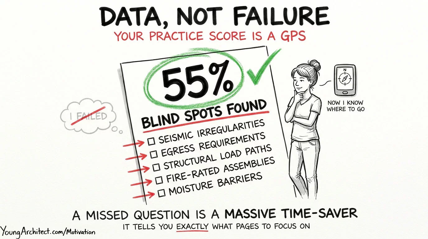 Practice quiz score of 55 percent circled in green as data with blind spots identified below