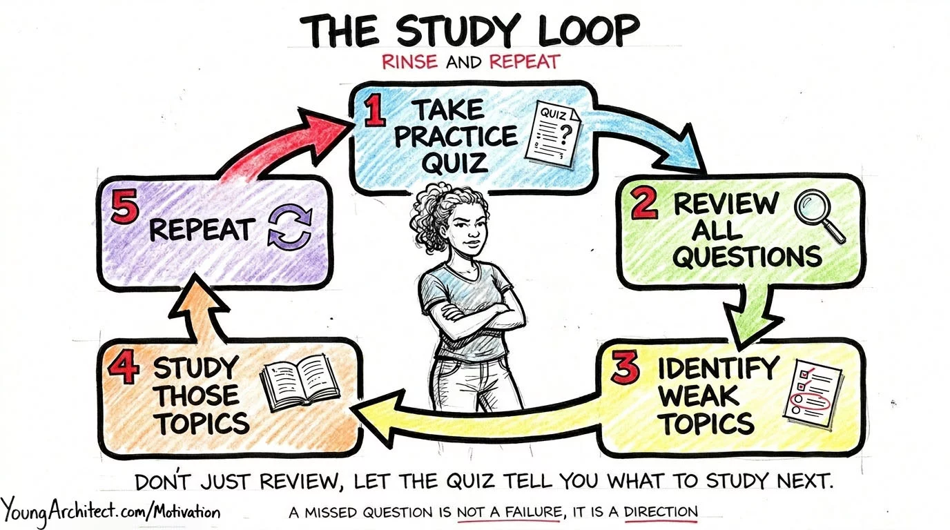 Five-step circular study loop from taking a practice quiz to reviewing weak topics and repeating