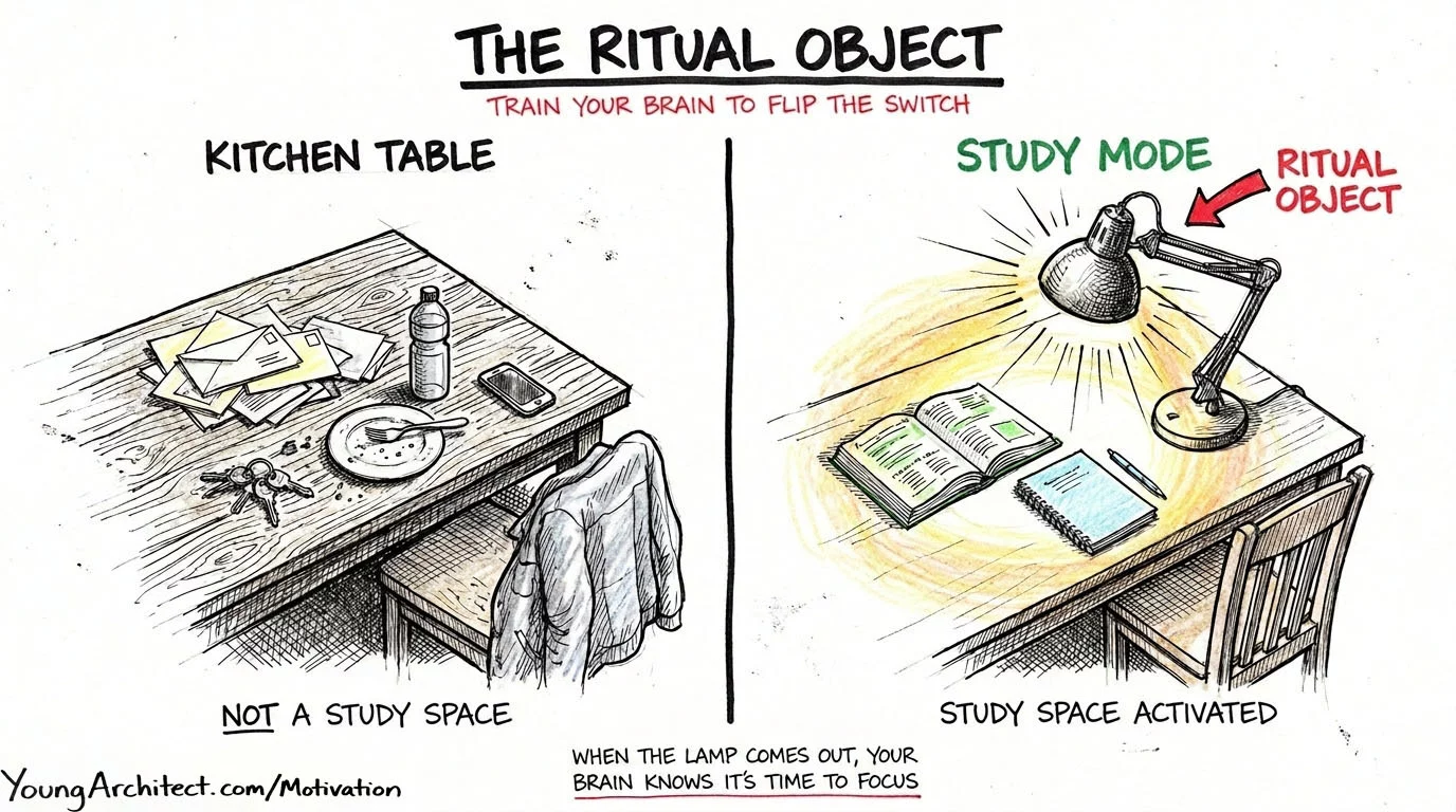 Kitchen table transformed into a focused study space by placing a ritual object desk lamp