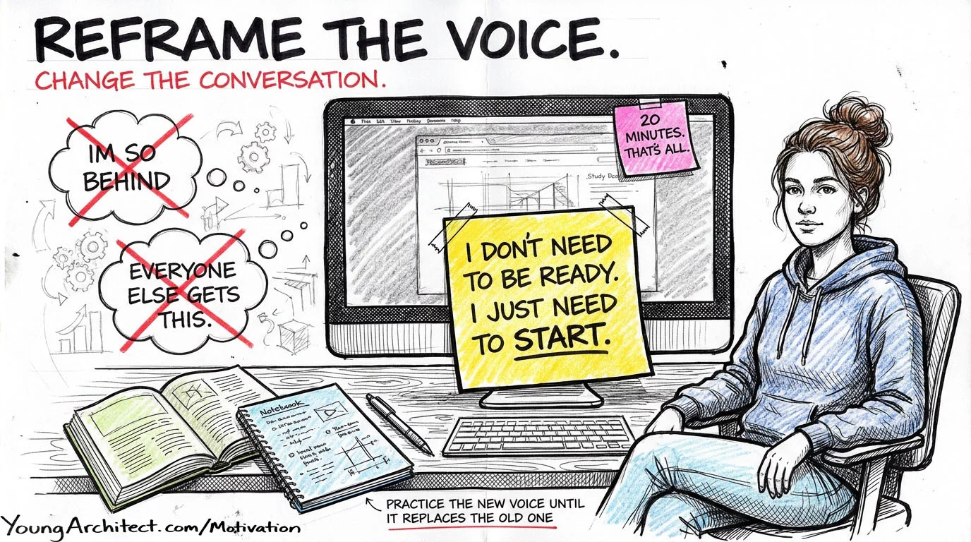 Candidate at desk with negative self-talk crossed out and sticky note reading I just need to start