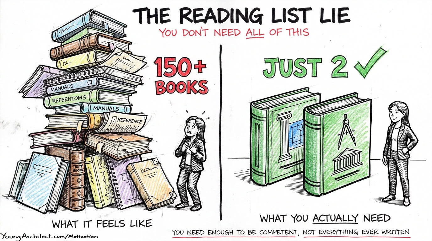 Split comparison of 150 stacked study books versus the two resources actually needed to pass