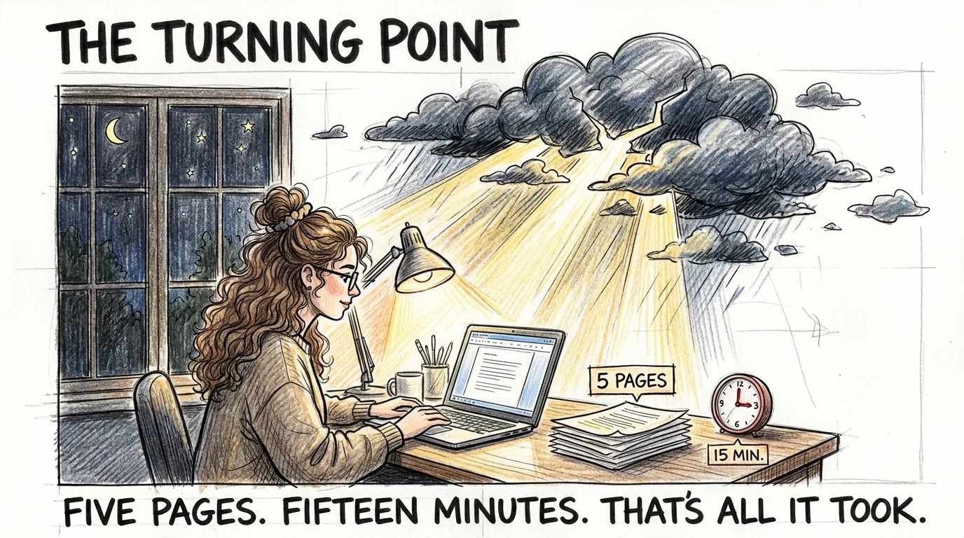 Candidate studying at desk with clouds parting after committing to five pages in fifteen minutes