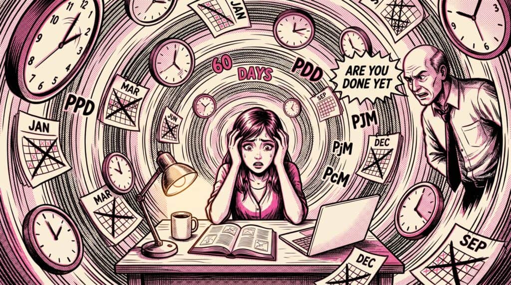 Overwhelmed ARE candidate at desk surrounded by swirling clocks and ARE division names struggling with study motivation