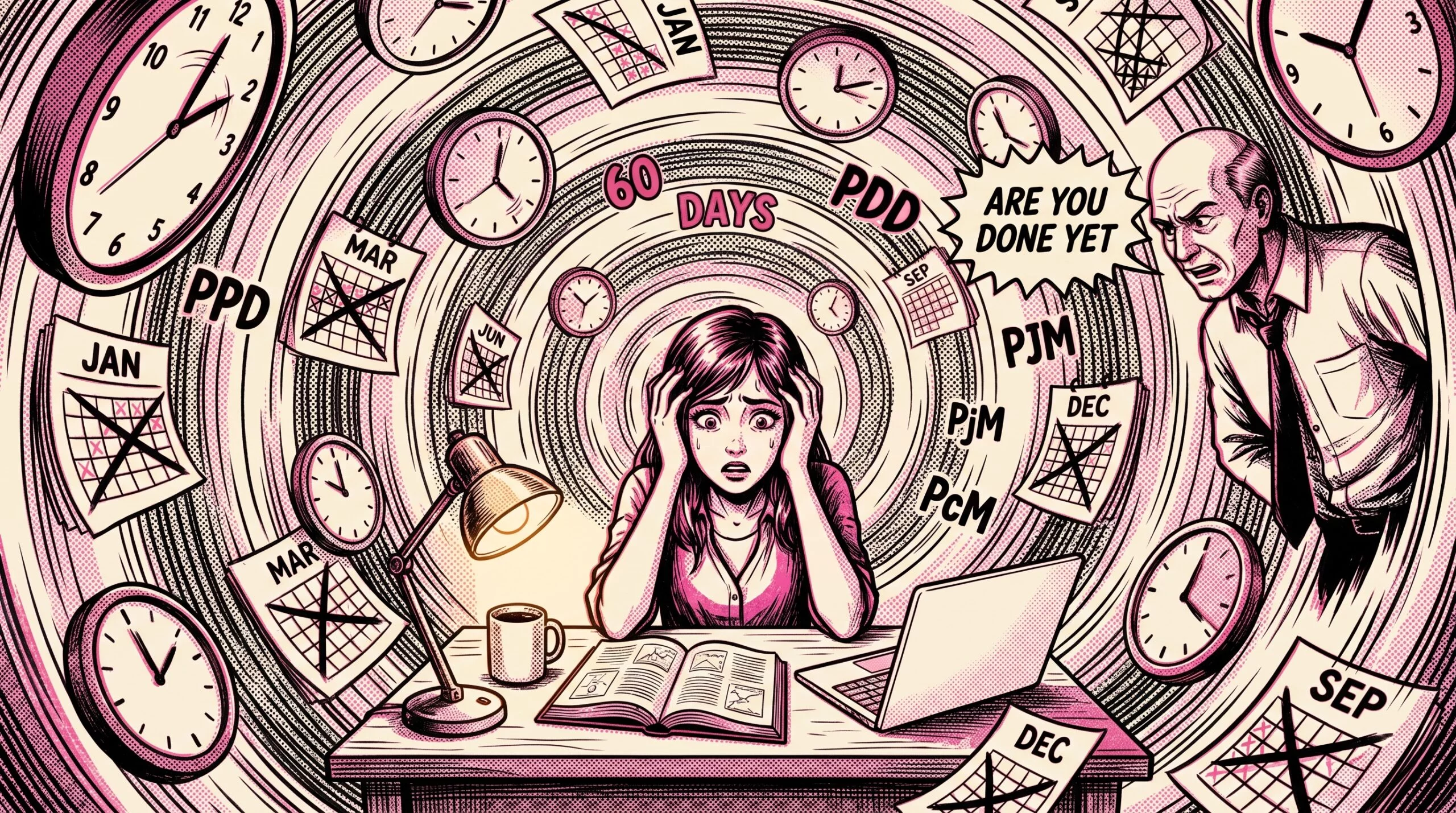 Overwhelmed ARE candidate at desk surrounded by swirling clocks and ARE division names struggling with study motivation