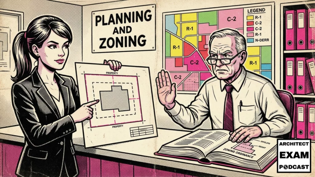 Architect presenting a site plan with setbacks to a zoning official at the planning and zoning department