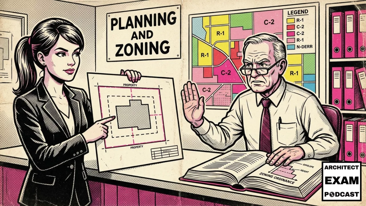 Architect presenting a site plan with setbacks to a zoning official at the planning and zoning department