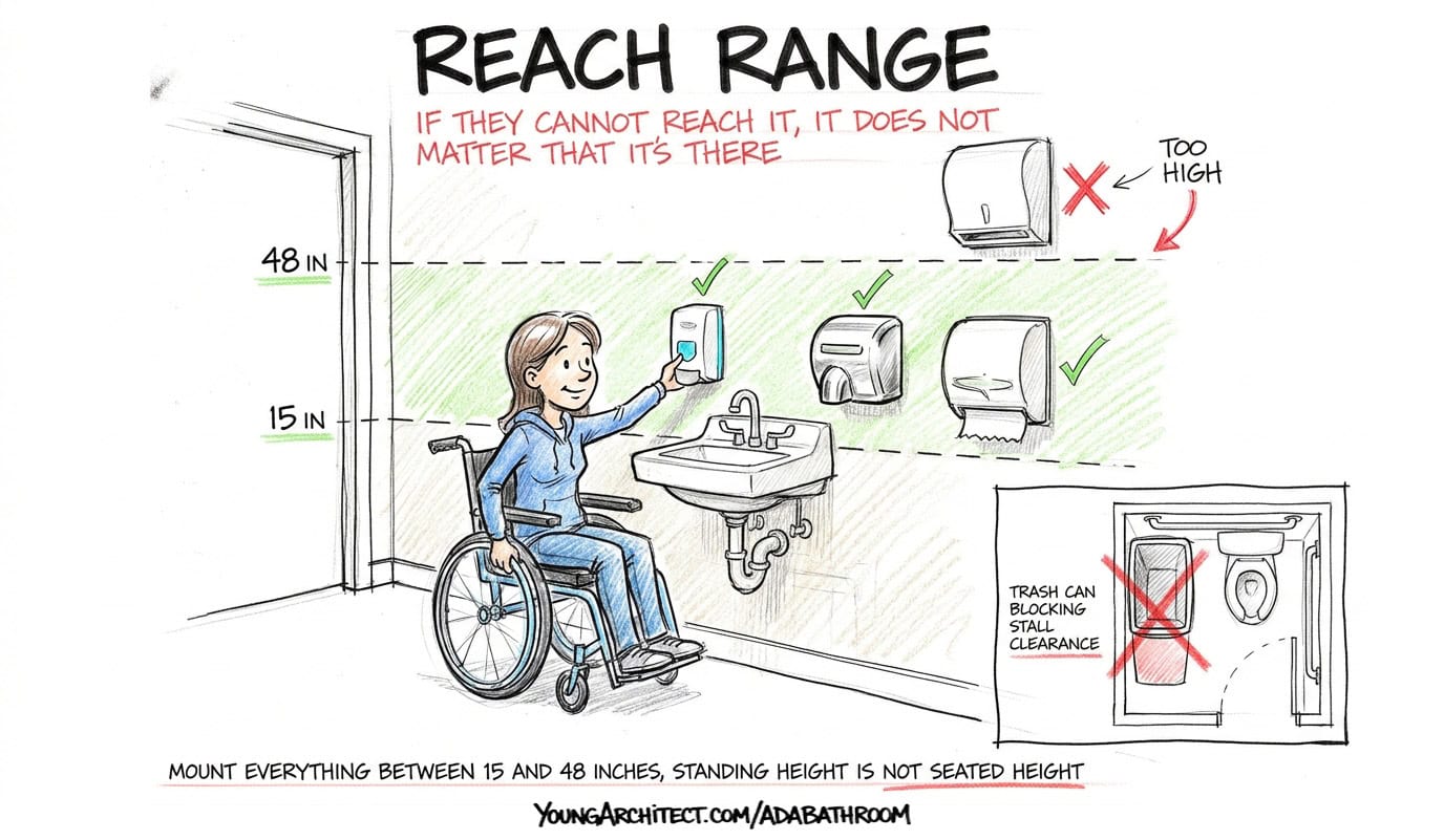 ADA restroom accessories reach range showing 15 to 48 inch mounting zone for soap dispensers paper towel dispensers and hand dryers