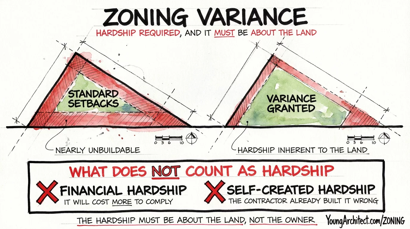 Zoning variance showing a triangular lot nearly unbuildable with standard setbacks and variance granting relief for hardship