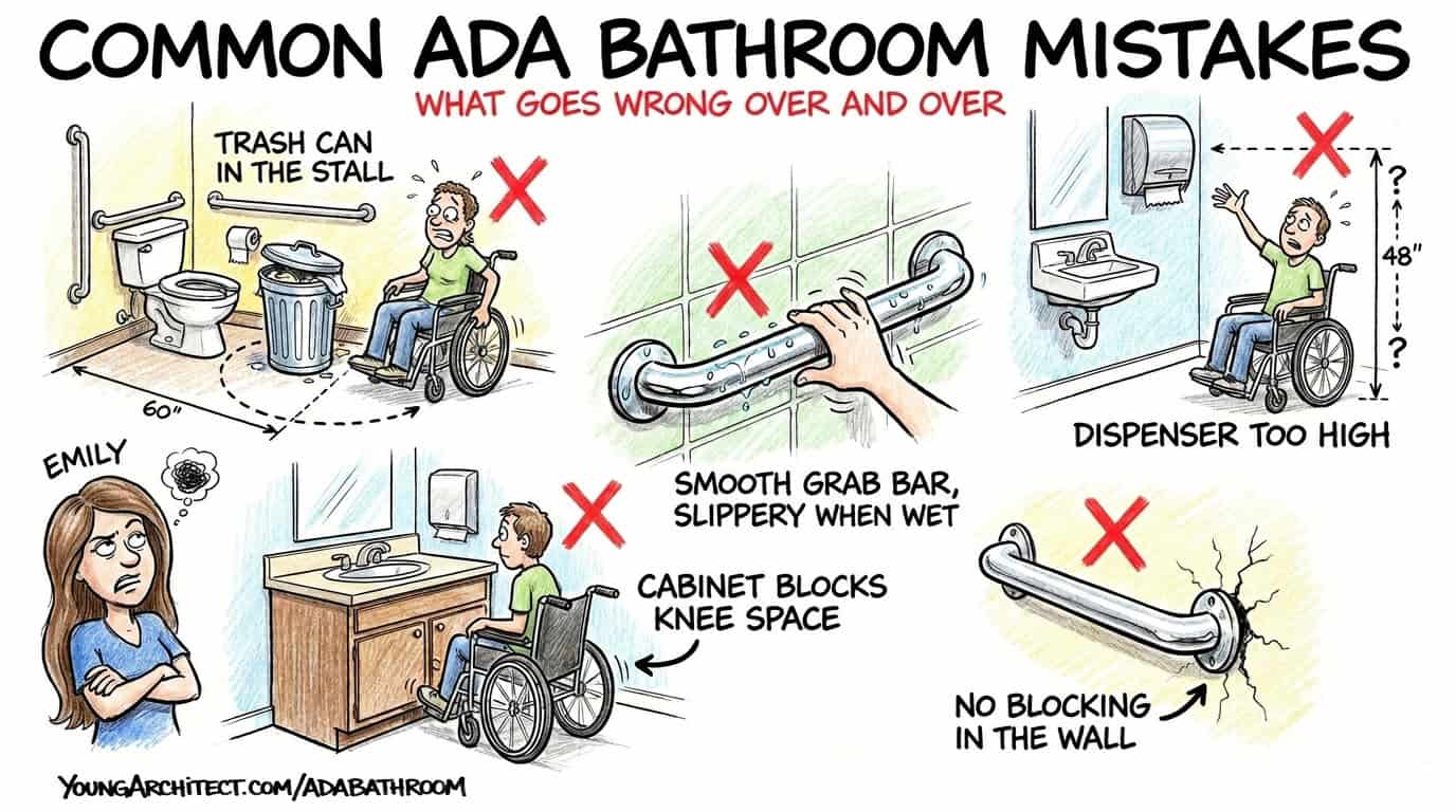 Common ADA bathroom mistakes showing trash can in stall, smooth grab bar, dispenser too high, cabinet blocking knee space, and no blocking in wall