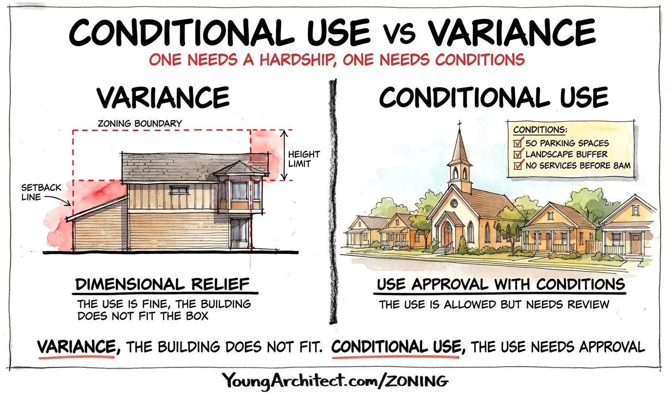 Conditional use permit vs zoning variance showing dimensional relief for a building and use approval for a church