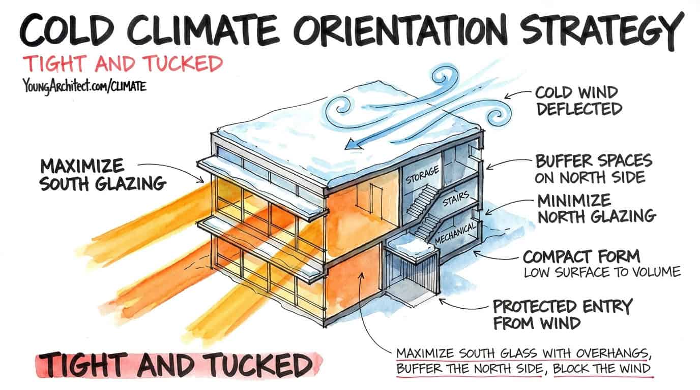 Cold climate orientation maximizes south glazing with buffer spaces and wind protection on the north side