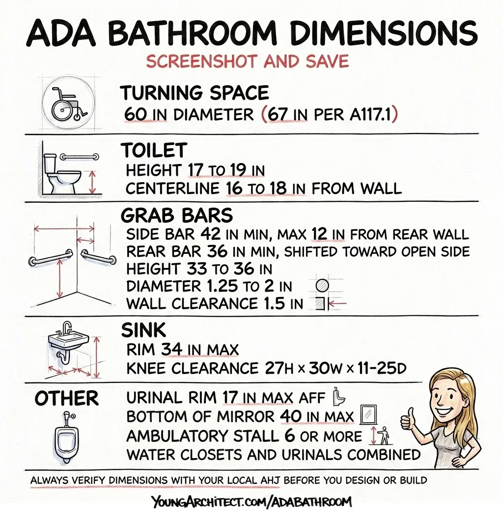 ADA bathroom quick reference card with all key restroom dimensions for turning space, toilet, grab bars, sink, urinal, mirror, and reach range