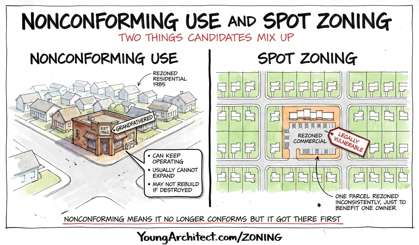 Nonconforming use showing a grandfathered corner store next to spot zoning with one parcel rezoned inconsistently