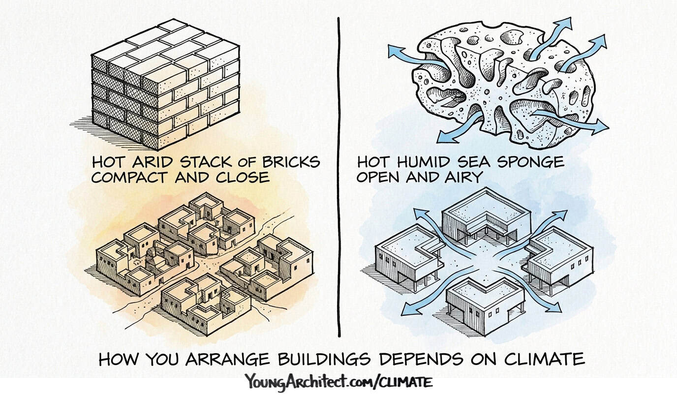 Hot-arid urban layout clusters buildings like bricks while hot-humid layout spaces them like a sponge