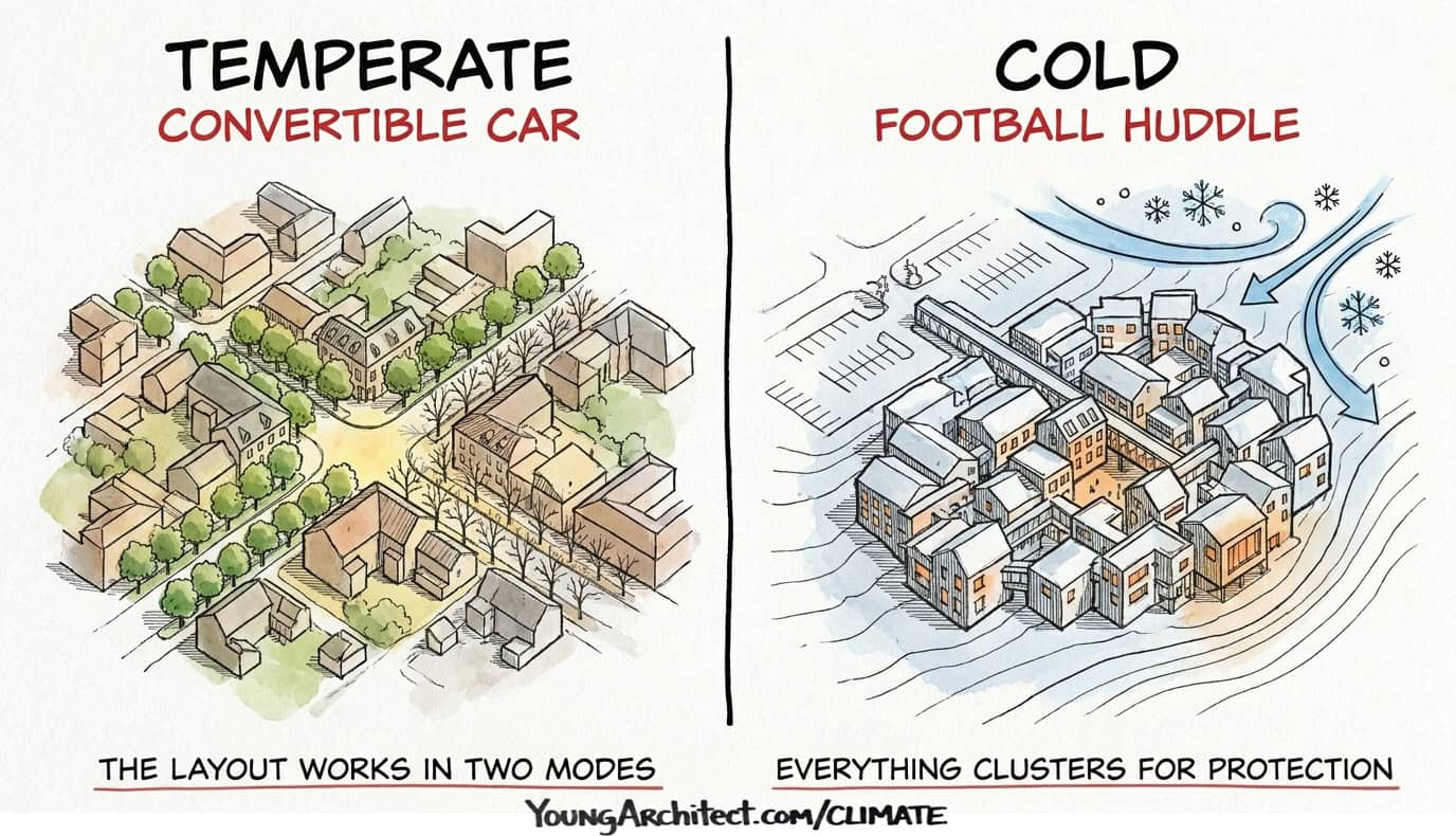 Temperate urban layout adapts like a convertible car while cold climate buildings huddle for wind protection