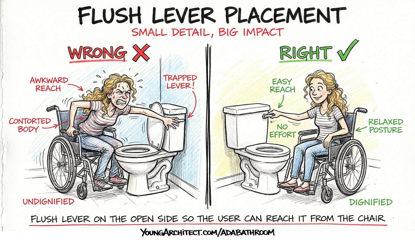 ADA flush lever placement showing wrong side against the wall versus right side on the open transfer side of the toilet