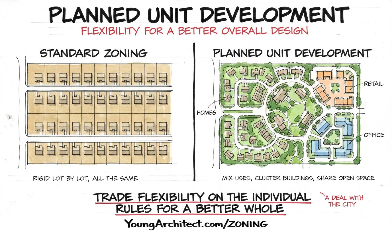 Planned unit development comparing rigid standard zoning lots to a flexible PUD with mixed uses and shared open space