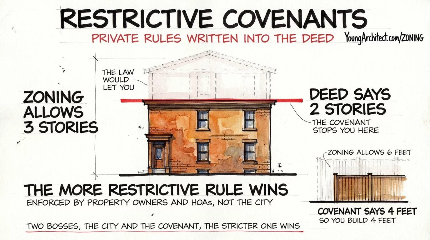 Restrictive covenant limiting a building to two stories when zoning allows three, showing the more restrictive rule wins