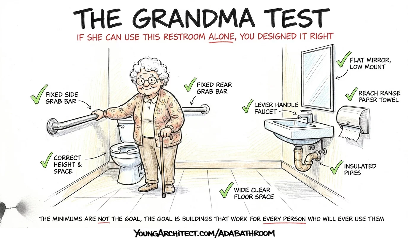 The grandma test for ADA restroom design showing elderly woman with cane using a fully accessible restroom with grab bars, lever faucet, low mirror, and insulated pipes