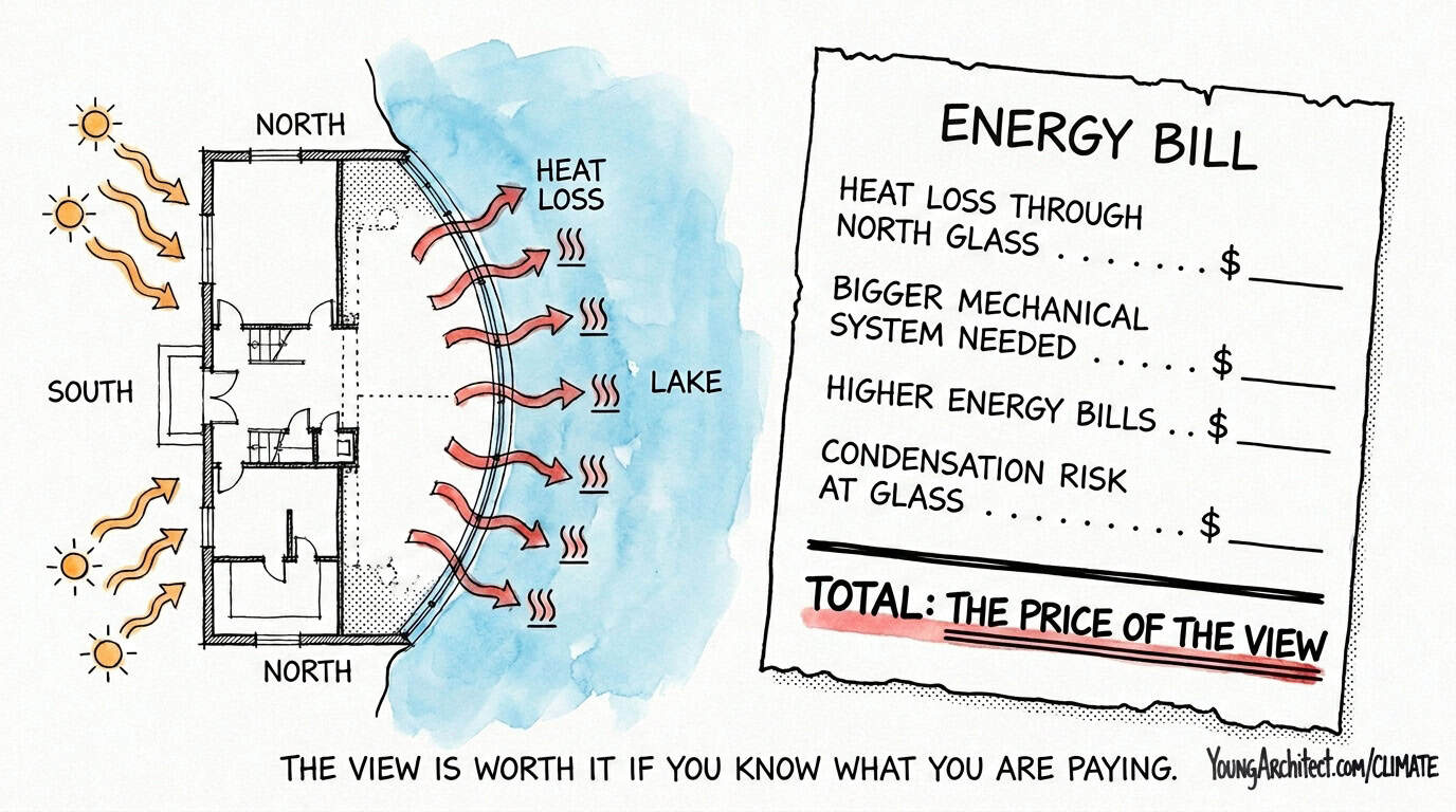 North-facing glass wall loses heat toward a lake while south glazing captures solar gain in a cold climate
