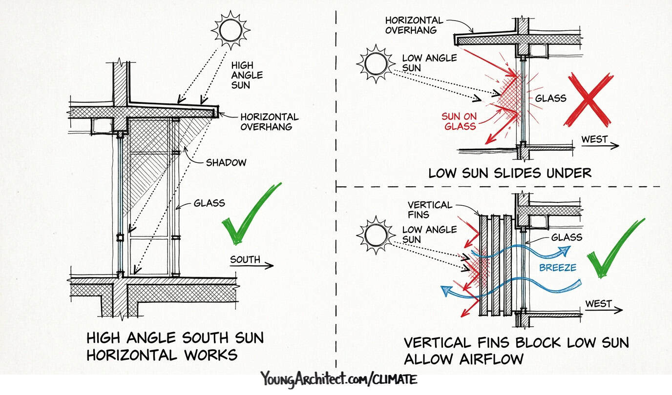 Horizontal overhang blocks high-angle south sun while vertical louvers shade low-angle west sun and allow airflow
