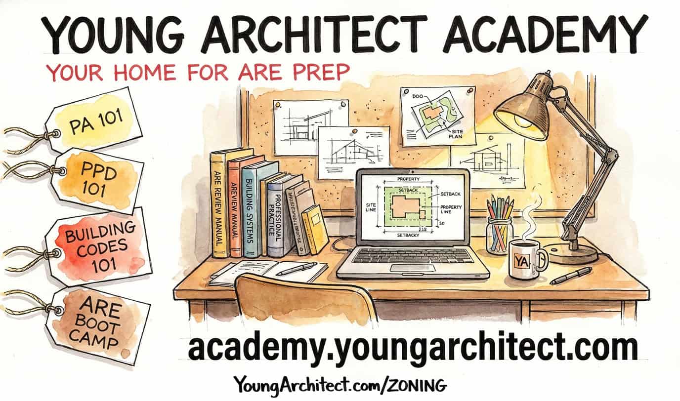 Young Architect Academy study desk with setback diagrams on laptop and PA 101, PPD 101, and ARE Boot Camp course tags