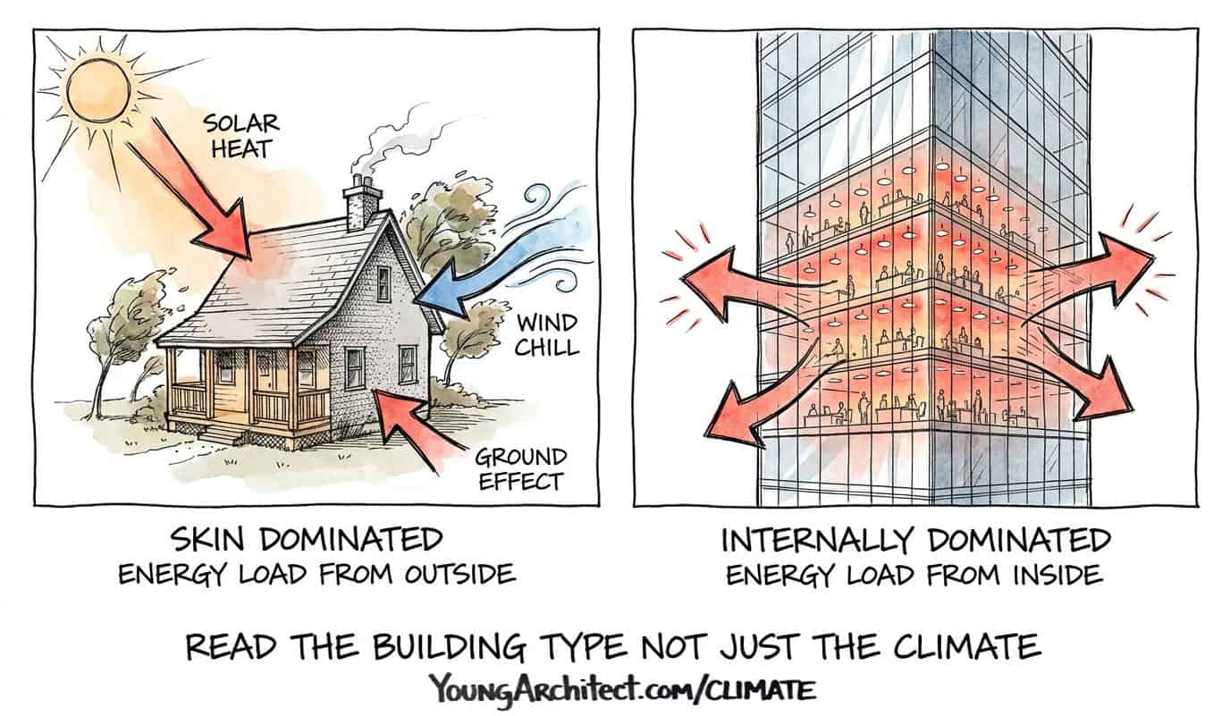 Skin-dominated house absorbs energy from outside while internally loaded high-rise generates heat from within