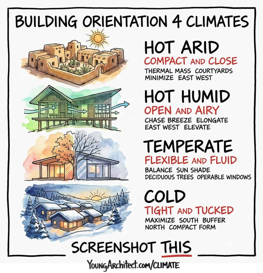 Four building orientation strategies by climate: compact and close, open and airy, flexible and fluid, tight and tucked