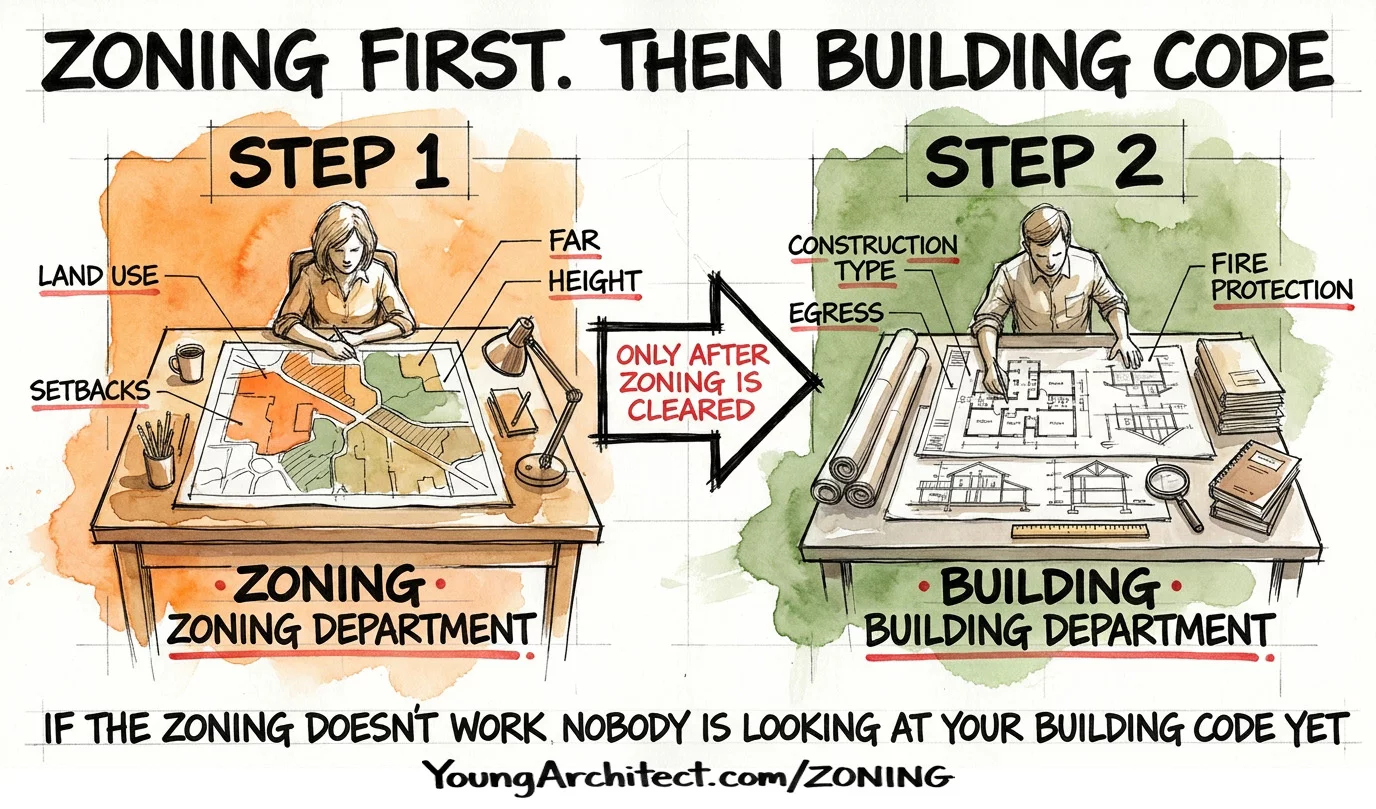 Zoning department reviews land use and setbacks first, then building department reviews construction type and egress second