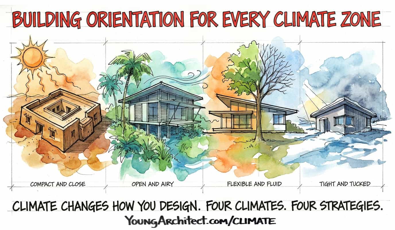 Building orientation changes across four climate zones from compact desert courtyard to elevated tropical shelter