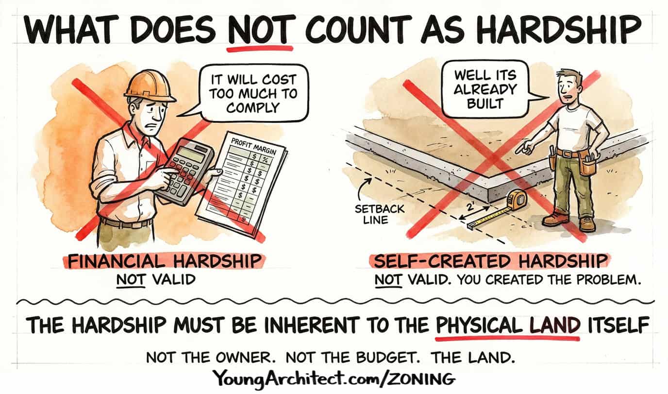 Zoning variance hardship rules showing financial hardship and self-created hardship both crossed out as not valid