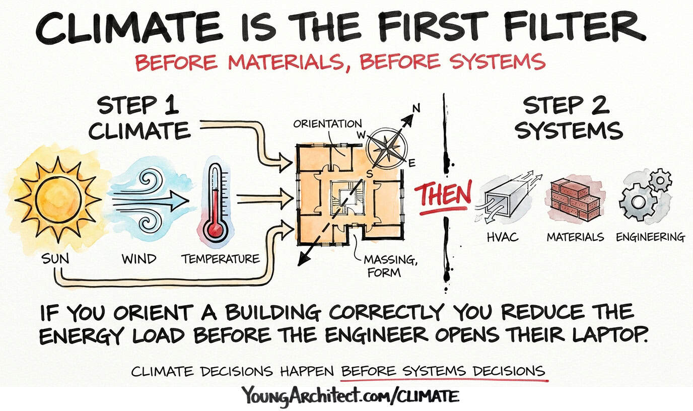 Climate drives building orientation and massing decisions before mechanical systems enter the design