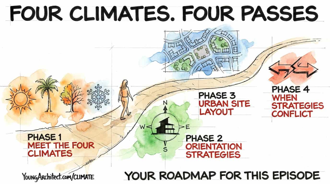 Four-phase roadmap covering climate types, orientation strategies, urban site layout, and design conflicts