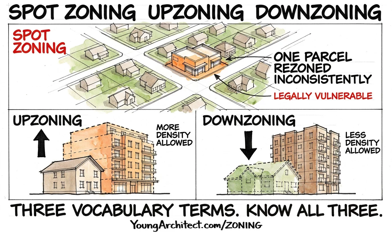 Spot zoning with one parcel rezoned inconsistently, plus upzoning adding density and downzoning reducing density