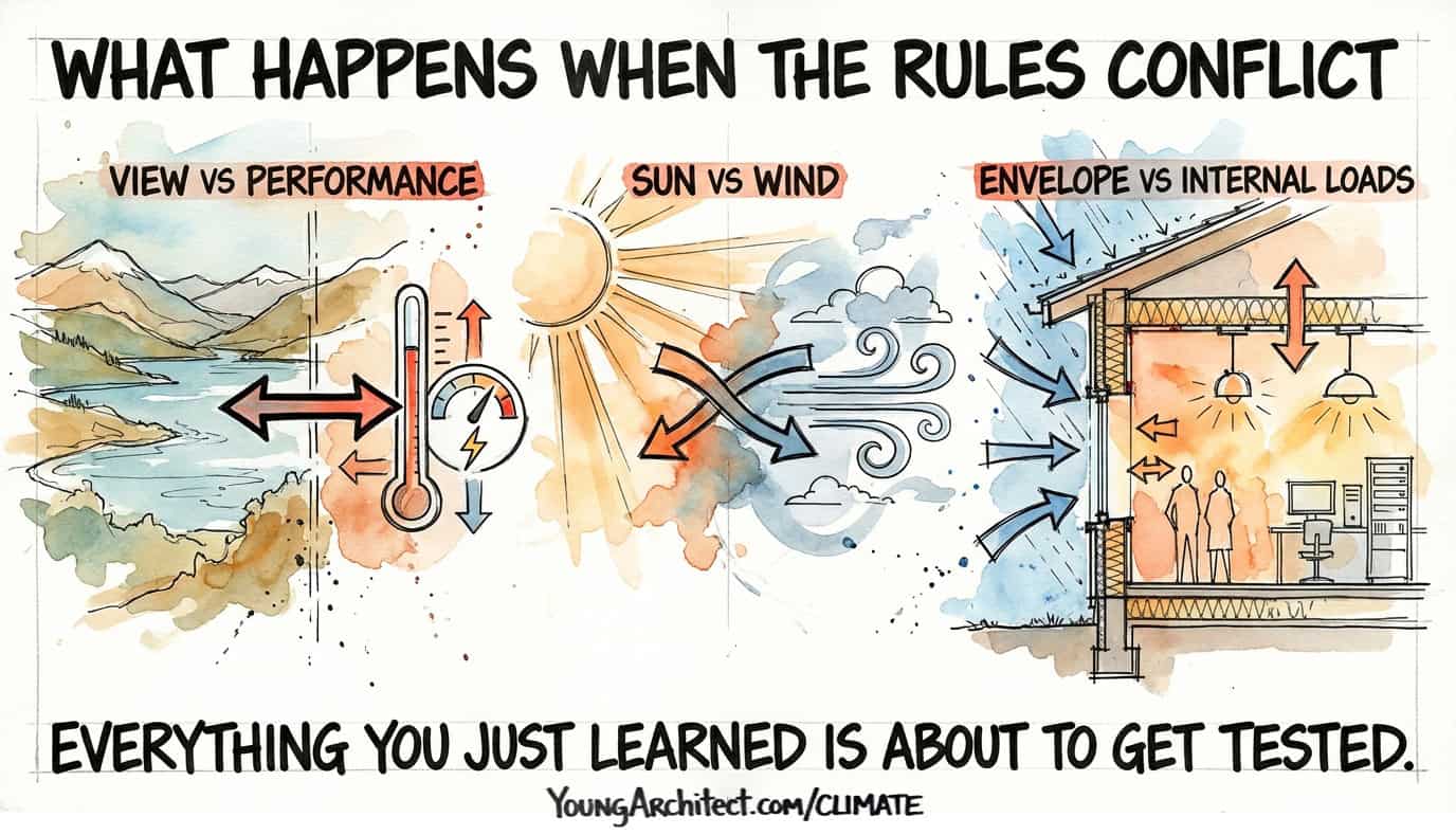 Three building orientation conflicts: views vs performance, solar shading vs wind, and envelope vs internal loads