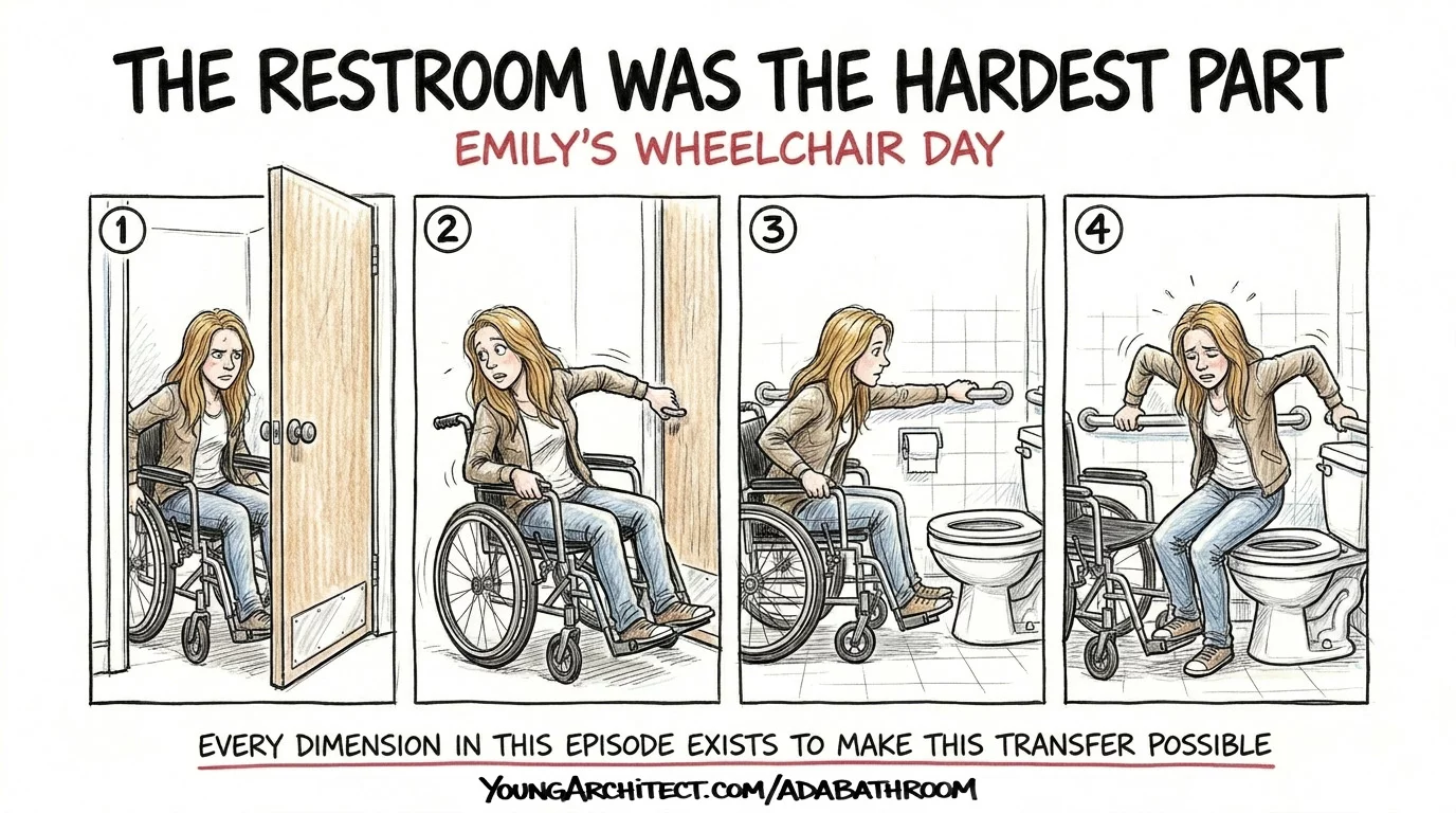 Emily in a wheelchair navigating four steps of a restroom experience from opening the door to transferring onto the toilet