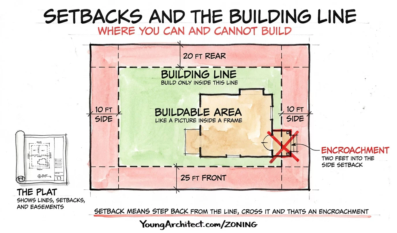 Site plan showing front, side, and rear setbacks with building line, buildable area, plat inset, and encroachment example