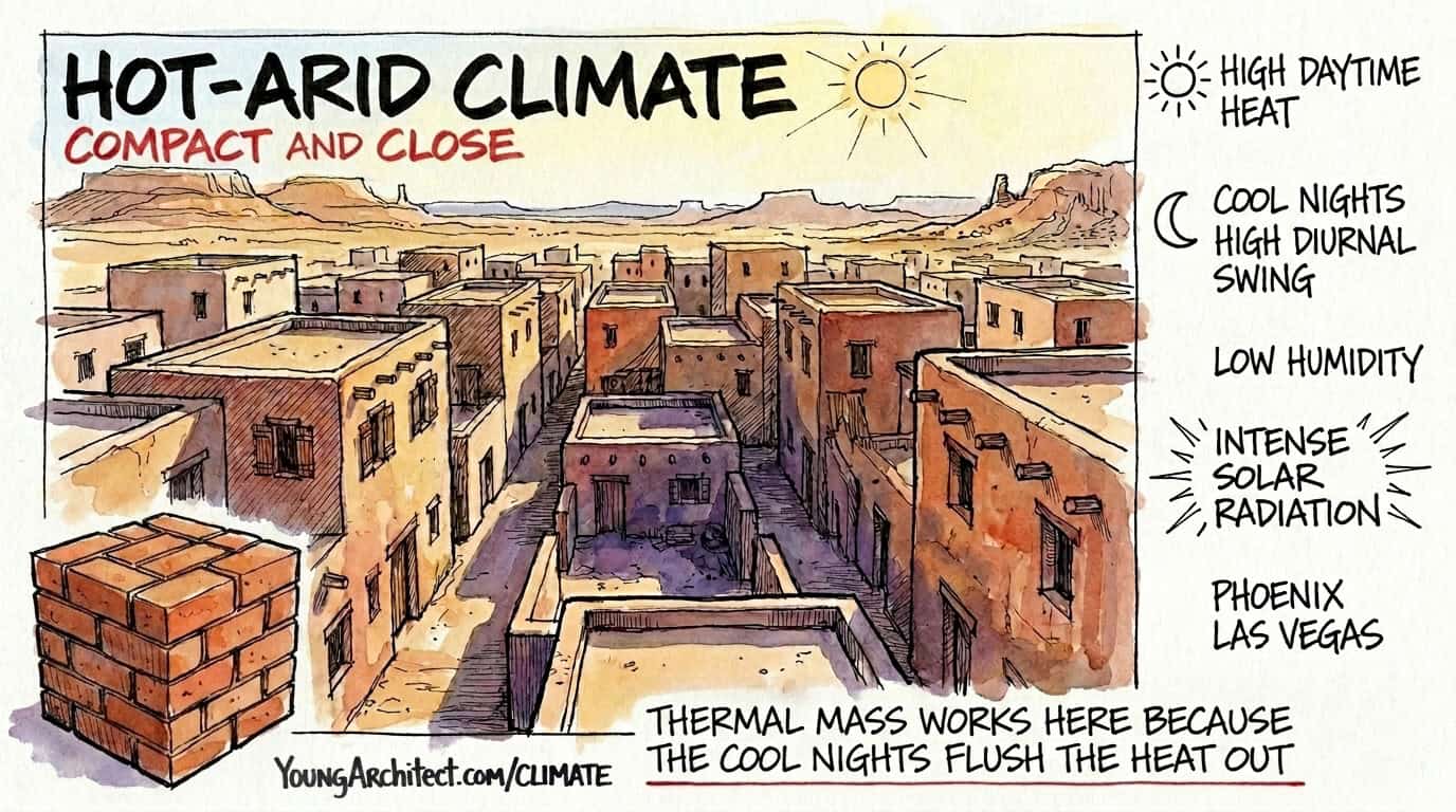 Dense desert city uses thermal mass and courtyards to manage intense heat in a hot-arid climate