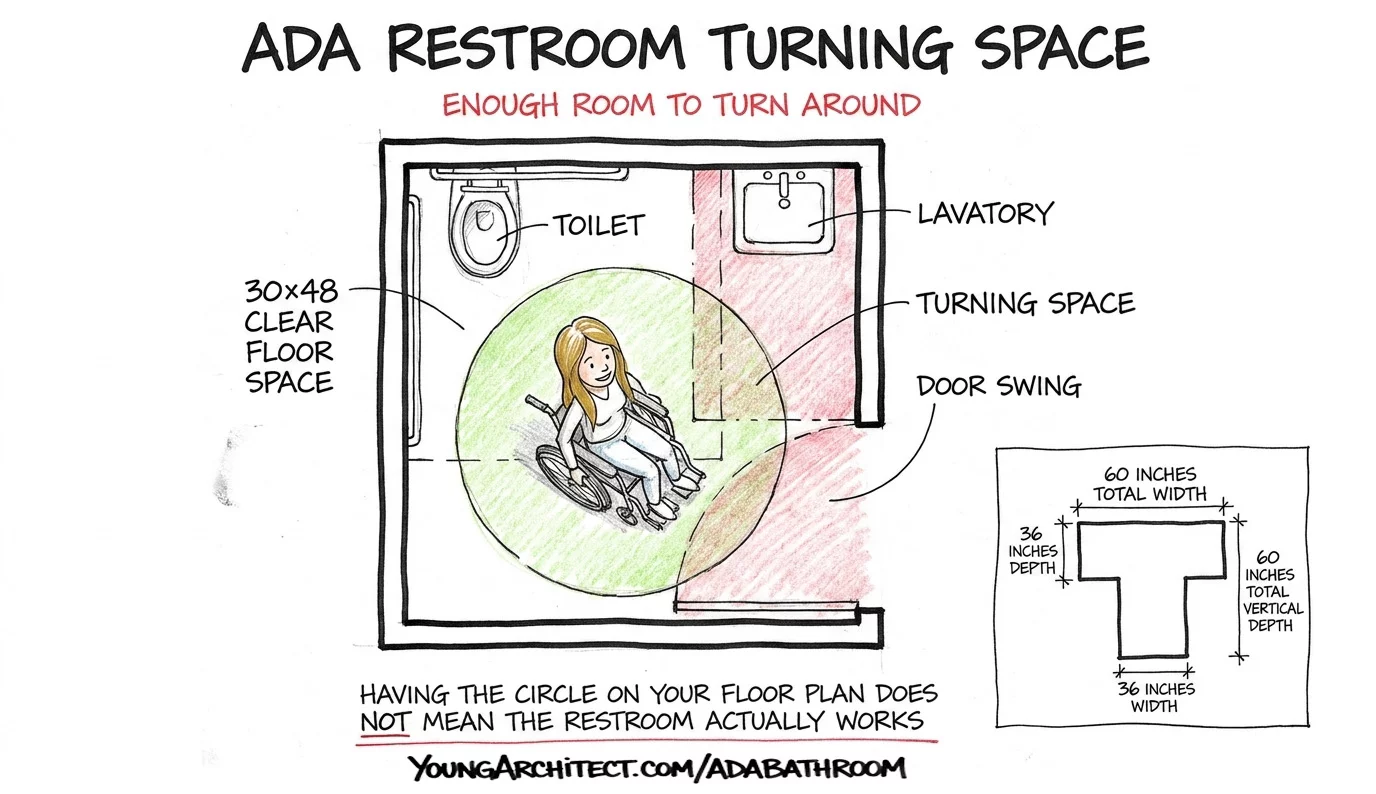 ADA restroom turning space plan view showing 60-inch diameter wheelchair turning circle with clear floor space and T-shaped alternative