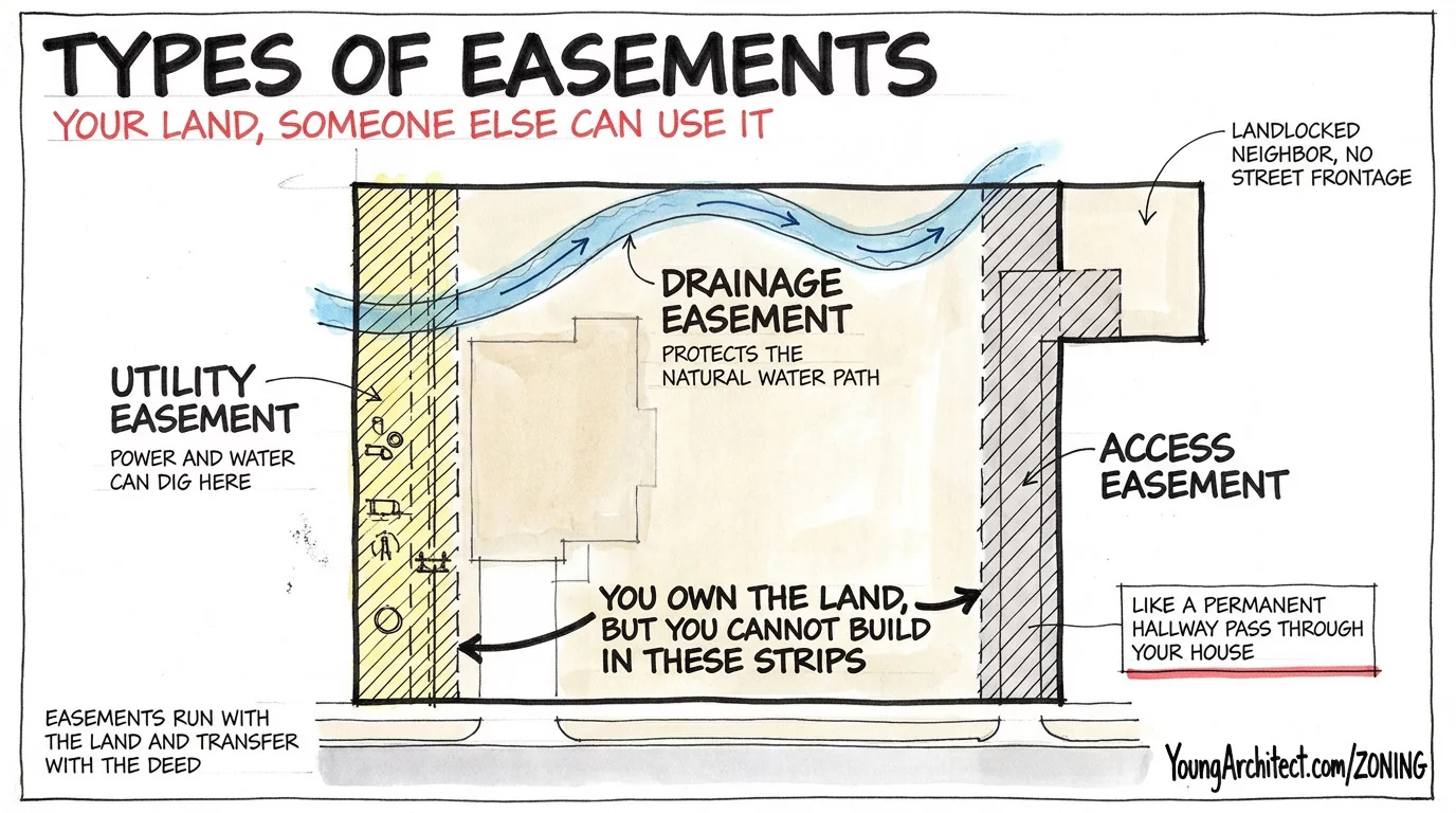 Site plan showing three types of easements: utility easement, drainage easement, and access easement for a landlocked neighbor