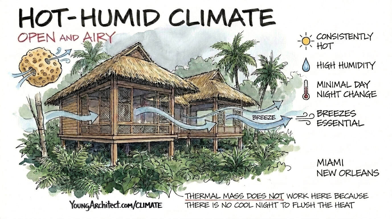 Elevated tropical building catches cross-ventilation breezes in a hot-humid climate
