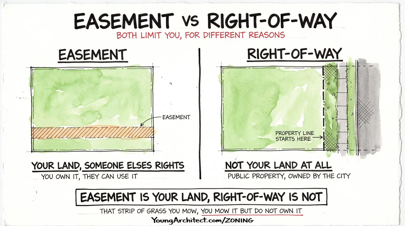 Easement vs right-of-way comparison showing easement as your land with others' rights and right-of-way as public property