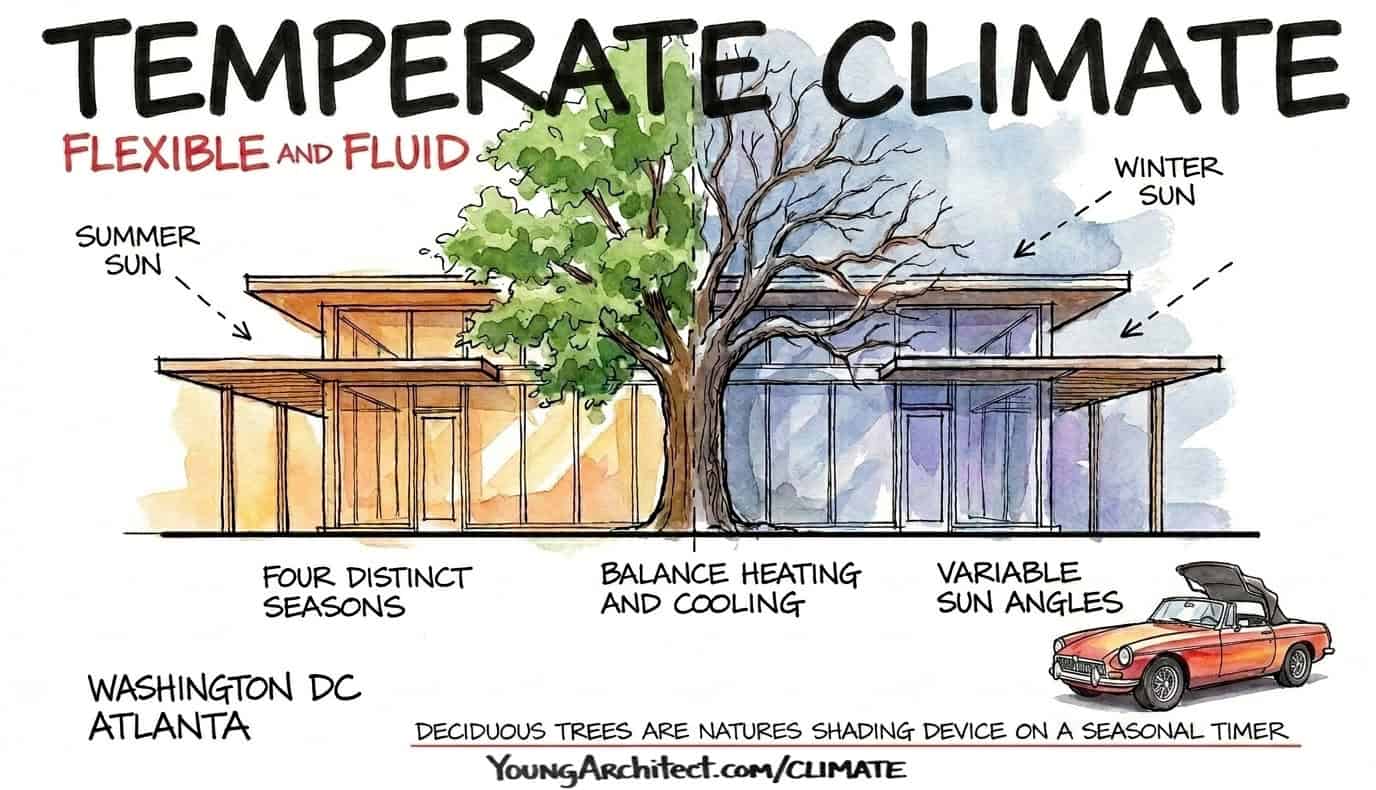 Deciduous tree shades a building in summer and allows winter sun through in a temperate climate