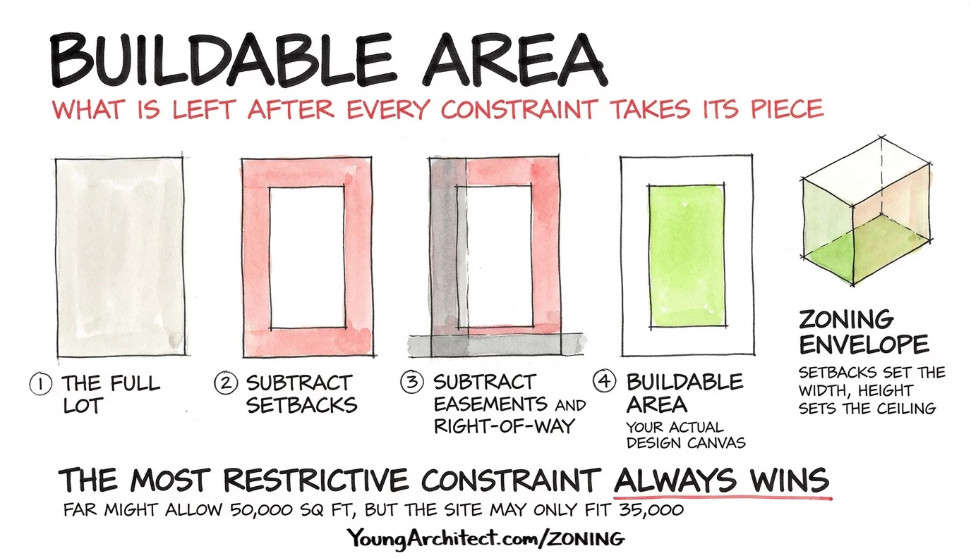 Buildable area diagram subtracting setbacks, easements, and right-of-way from a lot with a 3D zoning envelope inset