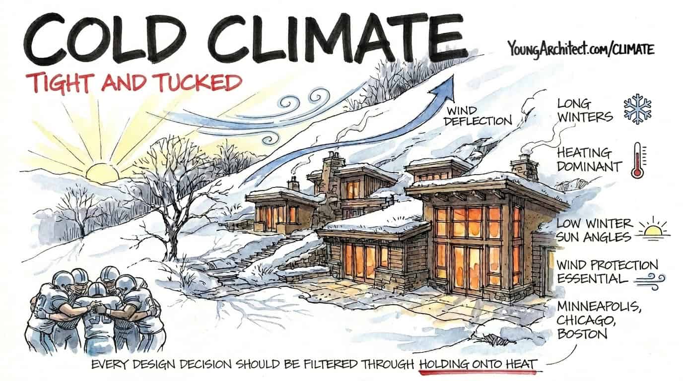 Compact cold climate buildings deflect wind and capture low winter sun for passive heating